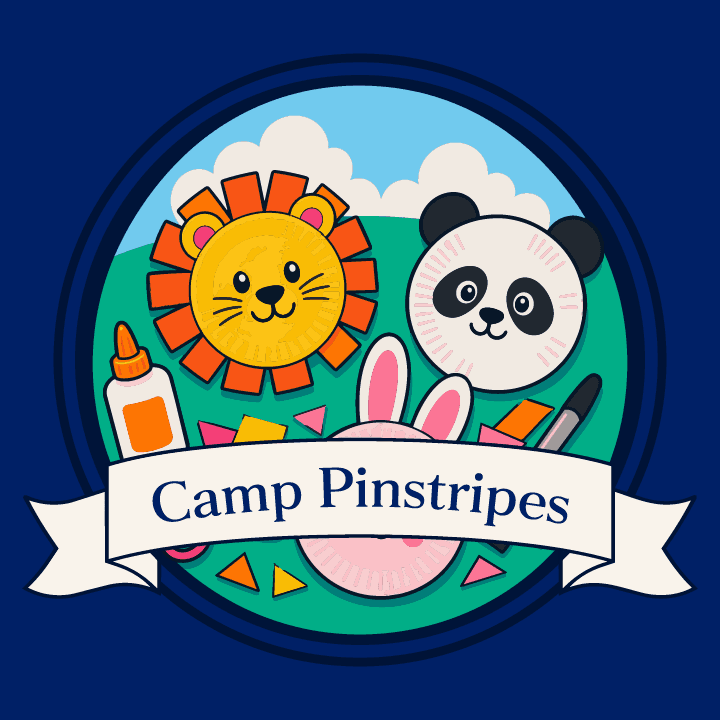 Cartoon graphic of summer camp animal face crafting supplies with a blue background and Camp Pinstripes banner promoting the June 27, 2026 Paper Plate Animals activity.