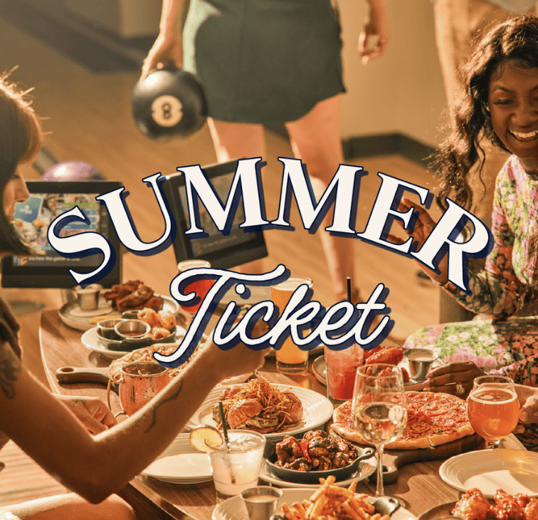 Friends bowling at Pinstripes with food and drinks, one holding a bowling ball, with “Summer Ticket” text overlay