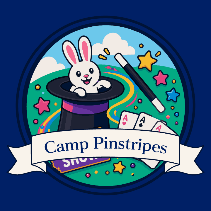 Cartoon graphic of a magic show theme with a rabbit, hat, cards, and wand on a blue background, promoting the July 18, 2026 Camp Pinstripes Magic Show.