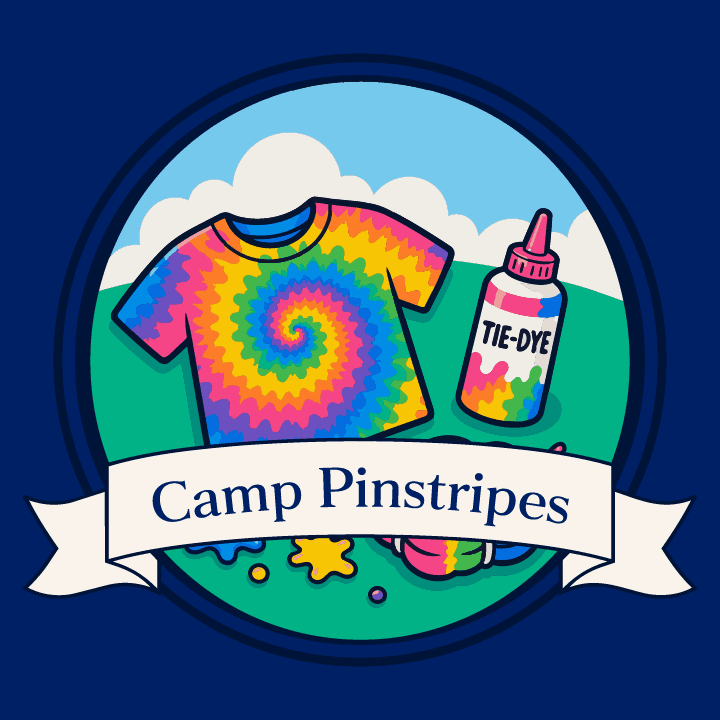 Cartoon graphic of summer camp tie-dye supplies on a blue background with a Camp Pinstripes banner promoting the June 13, 2026 Tie-Dye activity.