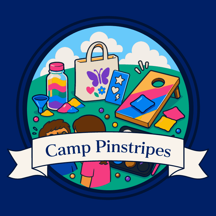 Cartoon graphic of summer camp activities on a blue background with a Camp Pinstripes banner promoting Sand Art Kits, Stencil Tote Bags, Yard Games, and Face Painter on July 25, 2026.