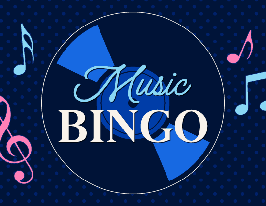 Music Bingo graphic with a blue polka dot background, a record, and music notes.